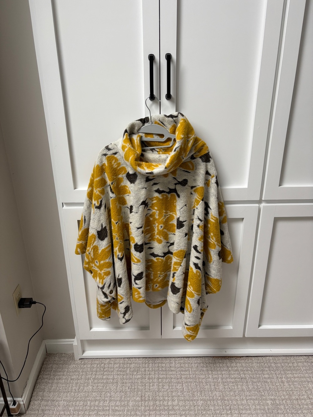 Anthropologie Floral Funnel-Neck Sweater Poncho in Mustard and Cream and Brown